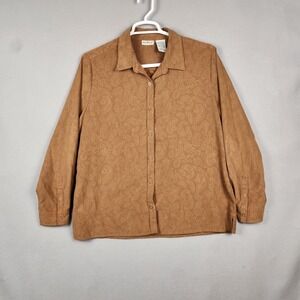 White Stag Top Womens XL Tan Paisley Button Front Long Sleeve Faux Suede Blouse